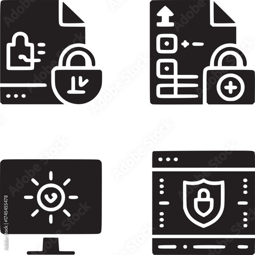 Four icons showing secure data, including locked documents and a secure website on a monitor screen