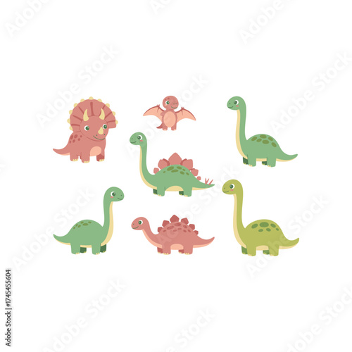 Collection of cute cartoon dinosaurs and a flying pterodactyl in various colors and poses on a white background