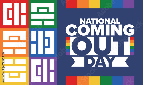 National Coming Out Day. Happy holiday. Pride month. LGBT rainbow flag. Diversity and equality. Gay and lesbian. Free love, heart shape. Illustration. Vector poster
