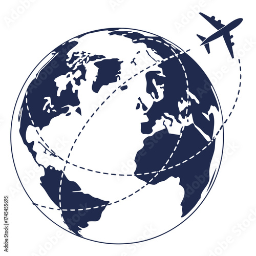 Airplane flying around the globe with dashed flight paths connecting continents representing global travel and international transportation