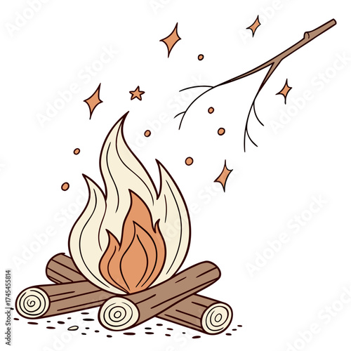 Whimsical illustration of a crackling campfire with glowing embers and a stick for roasting marshmallows set against a white background with sparkling stars