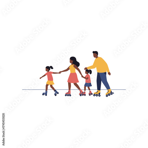 Happy african american family enjoying a fun outdoor activity together roller skating on a sunny day