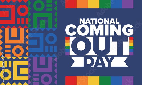 National Coming Out Day. Happy holiday. Pride month. LGBT rainbow flag. Diversity and equality. Gay and lesbian. Free love, heart shape. Illustration. Vector poster