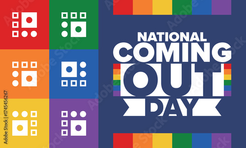 National Coming Out Day. Happy holiday. Pride month. LGBT rainbow flag. Diversity and equality. Gay and lesbian. Free love, heart shape. Illustration. Vector poster