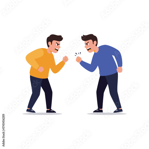 Two angry men arguing aggressively with clenched fists and shouting at each other in a confrontation