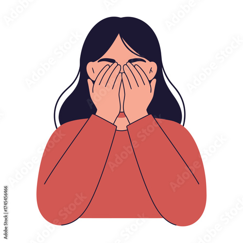 Young woman covering her face with hands expressing sadness or embarrassment in a flat illustration style