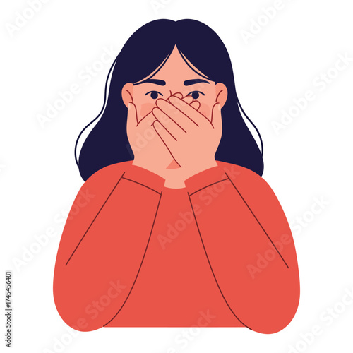 Young woman with dark hair wearing a bright orange sweater covering her mouth with both hands expressing shock or disbelief with wide eyes