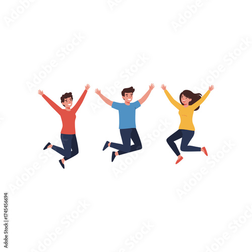 Three diverse young adults joyfully jumping in the air with arms raised in celebration and excitement on a white background