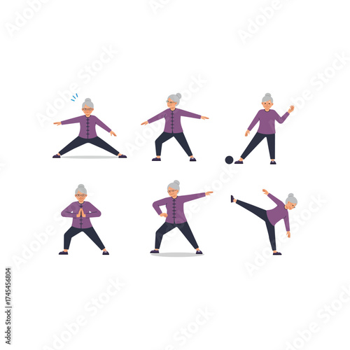 Active elderly woman performing various exercises and yoga poses demonstrating healthy senior lifestyle and fitness for older adults