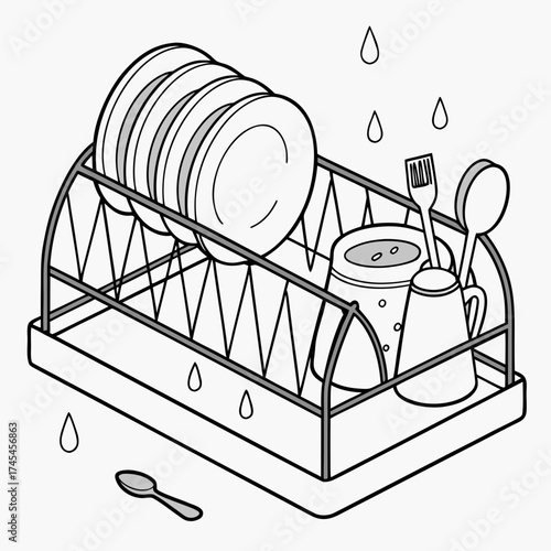 A clean line drawing illustration of a dish drying rack filled with clean plates cups and cutlery with water droplets symbolizing freshness and hygiene