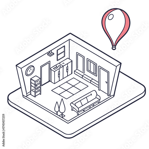 Isometric line drawing of a living room with a couch kitchen cabinets and a hot air balloon floating above the house