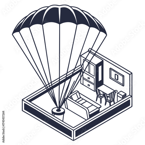 A conceptual isometric illustration of a parachute landing inside a minimalist bedroom with a bed desk and wardrobe symbolizing a sudden arrival or unexpected change