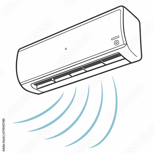Modern split system air conditioner unit mounted on a wall emitting cool blue air waves for climate control and comfort