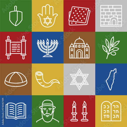 Jewish cultural symbols illustrated in a colorful grid design for educational purposes