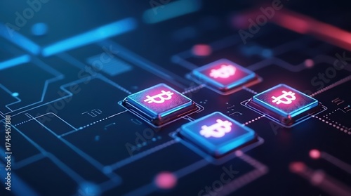 Digital circuit board with glowing bitcoin symbols representing cryptocurrency and blockchain technology