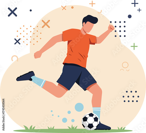 Dynamic vector illustration of a young male football player in action, kicking the soccer ball during a match on a stylized background