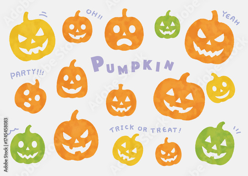 カラフルでポップなハロウィンパンプキン 水彩イラスト素材セット