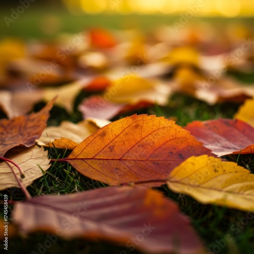Fallen Autumn Leaves in Shades of Brown Orange and Yellow on Green Grass