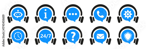 support service icons ,headset chat, info badge, phone call, 24/7 support, help question