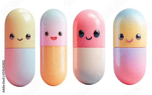 Adorable pastel colored pill capsules with sweet faces, perfect for health, wellness, or pharmaceutical themes, conveying a sense of gentle care and support