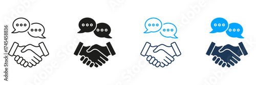 Handshake With Speech Bubbles Line And Solid Icon Set. Communication, Agreement, And Partnership Symbol Collection. Business Collaboration And Negotiation. Isolated Vector Illustration