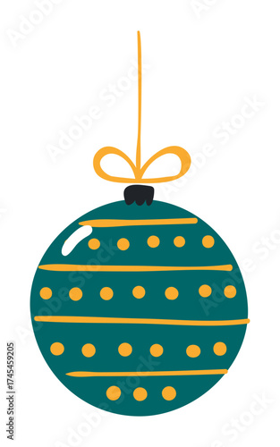 Christmas ornament, tree decoration, bauble, ball isolated on transparent. Hand drawn flat vector illustration. Traditional holiday, Xmas, New Year, seasonal design element, clip art