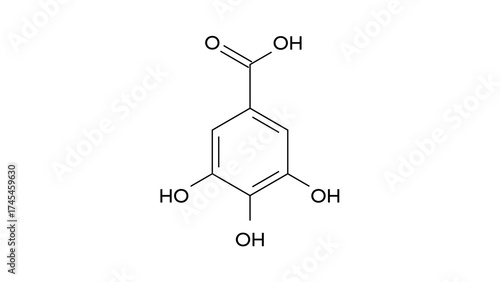 gallic acid molecule, structural chemical formula, ball-and-stick model, isolated image phenolic acid