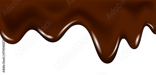 Realistic dark chocolate falling drops, dripping melted liquid cocoa cream.