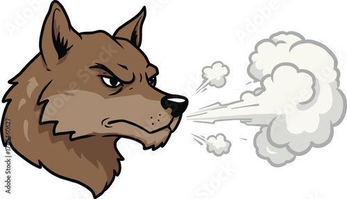 Angry wolf head blowing air from nose showing power aggression and strength in wild animal cartoon vector illustration design