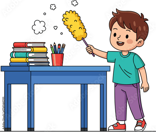 Happy boy cleaning desk with duster, child doing household chores, dusting books and pencils, cleanliness education, cartoon vector illustration