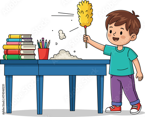 Happy boy cleaning table with duster, child doing household chores, dusting books and pencils, cleanliness education, cartoon vector illustration