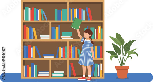 Little girl reaching for a book in library bookshelf, student reading education concept, learning knowledge illustration for school design