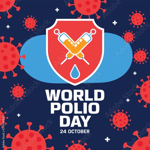 Vector art of world polio day illustration on october 24, showing crossed syringes and a drop within a shield, surrounded by virus icons