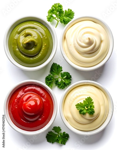 Sauces in Bowls Ketchup, Mayo, Avocado Dip