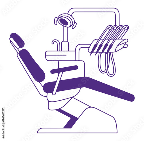 Simple purple outline illustration of a modern dental chair and equipment