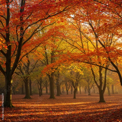 Fall Foliage Forest Landscape with Orange Leaves and Golden Sunlight on Trees in Woodland Setting