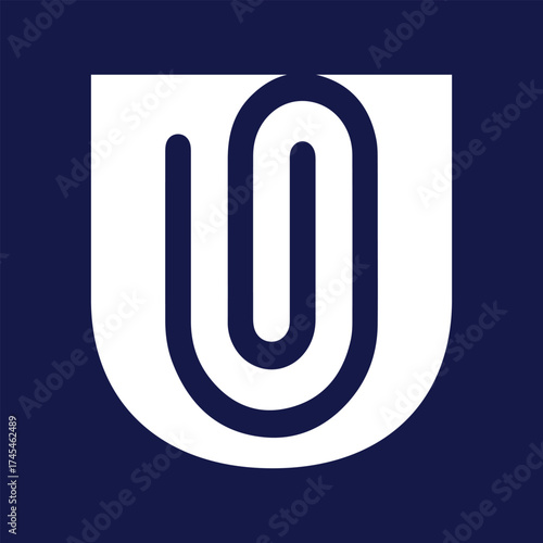 Abstract Paperclip within Letter 'U' Shield Monogram Logo, Document Organization and Corporate Security Icon Vector,Modern School  University Emblem,
