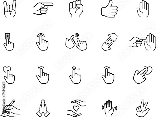 Hand Gesture Outline Vector Icon Set. Touch, Click and Communication Hand Icons Pack. Hand Signals Joy, Direction, and Interaction.