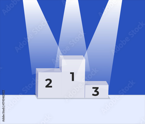 This icon is a three-tiered winner's podium (1, 2, 3) illuminated by spotlights against a blue background, representing success and achievement.
