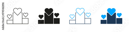 Hearts On Podium Line And Solid Icon Set. Love Ranking, Popularity, And Social Media Engagement Symbol Collection. Relationship And Affection Metrics. Isolated Vector Illustration