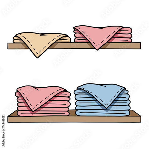 Multicolored towels neatly stacked on wooden shelves  