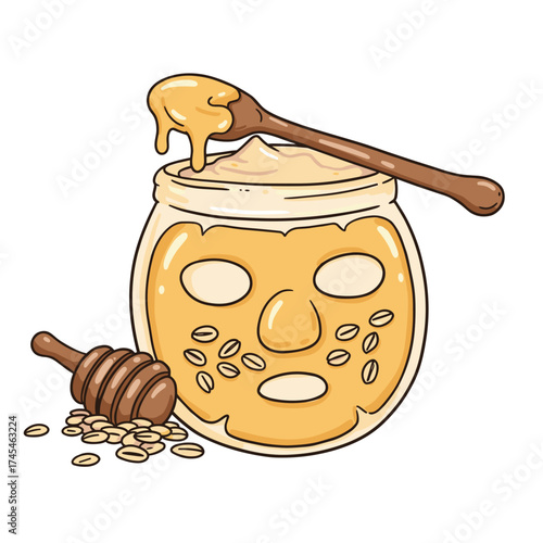 Honey face mask jar with honey dipper and oat flakes beside it  