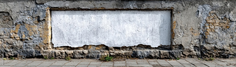 Obraz premium Missing poster template stuck on street wall concept. Weathered wall with white space for creative art or signage.