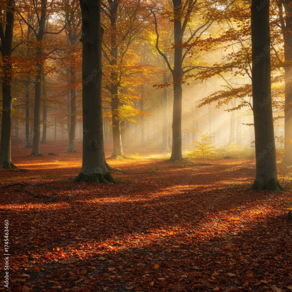 Fototapeta premium Autumn Forest With Sunlight Filtering Through Trees and Fallen Leaves on the Ground