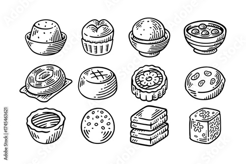 asian dessert, traditional sweets, oriental pastry, chinese snack vintage hand drawn engraving vector illustration element design set for restaurant menus, packaging, and food branding