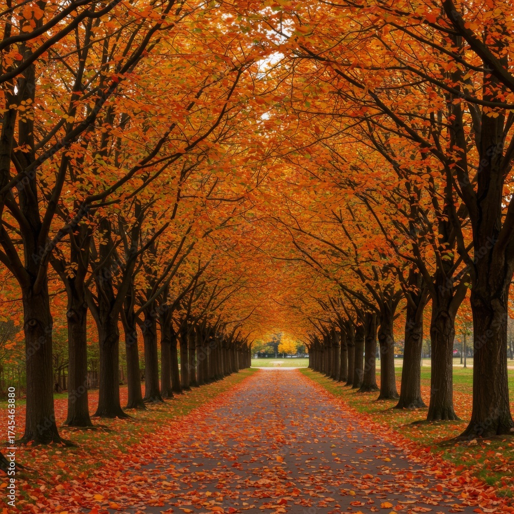 Fototapeta premium Autumn Road with Orange Fallen Leaves and Tall Trees Creating a Tunnel Effect in Natural Light