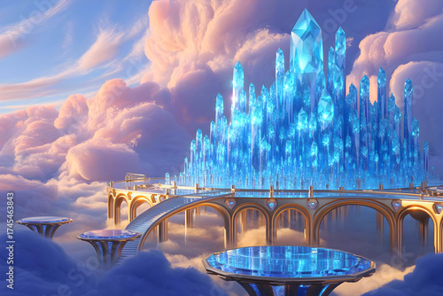 Wallpaper Mural A grand city made entirely of glowing blue crystals, suspended in the clouds with golden bridges connecting floating towers. Torontodigital.ca