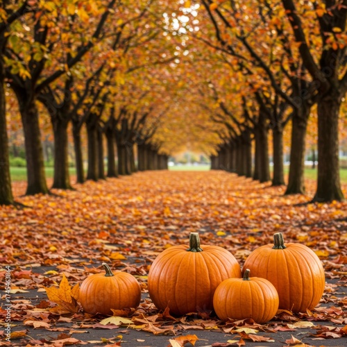 Pumpkins Arrangement on Leaf Covered Path Beneath Tunnel of Trees with Fall Foliage