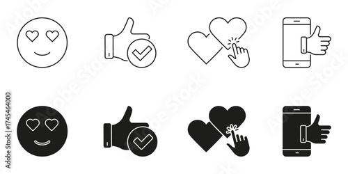 User Feedback And Online Communication Line And Solid Icon Set. Heart Eyes Emoji, Thumbs Up, And Heart Interaction. Social Media Symbol Collection. Isolated Vector Illustration