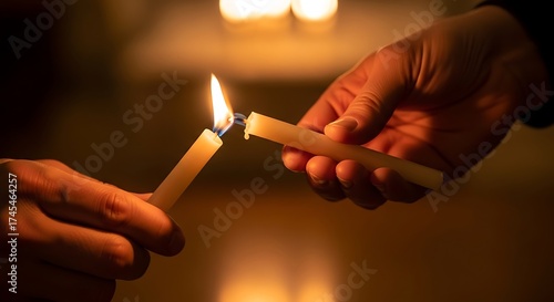 Two hands lighting a candle from another in a dimly lit environment